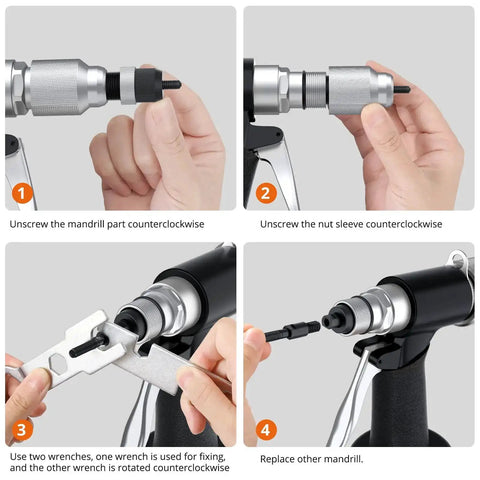 Instructional image showing how to change mandrels on Your Go To Heavy Duty Pneumatic Hydraulic Rivet Nut Set Kit with Eight Mandrels.