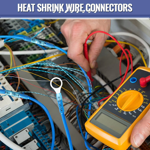 Blue insulated heat-shrink butt wire connectors with ring terminal on a cluttered electrical panel beside a multimeter.