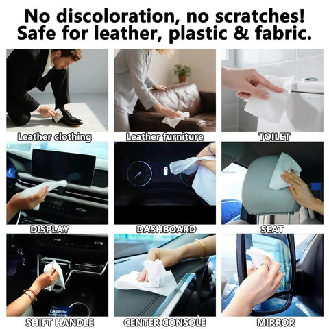 Collage showing uses of Plant Based Car Interior Cleaning Wipes Multi Surface Cloths Super Absorbent on various surfaces.