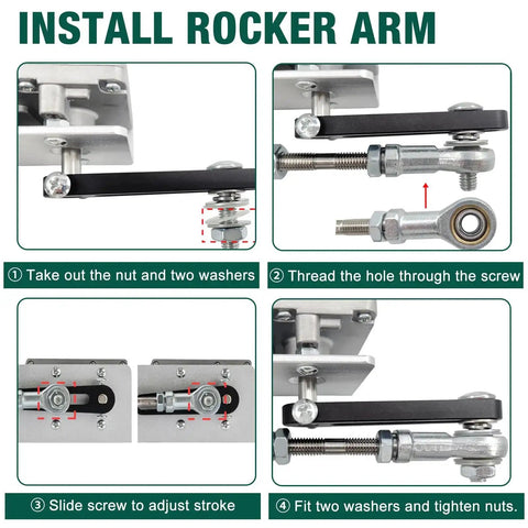 Installation guide for Beefed Up Reciprocating Linear Actuator With High Torque 40 Lbs 24V, showing rocker arm assembly.