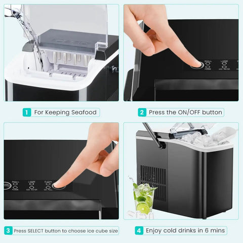 Step-by-step usage of Portable Countertop Ice Maker 26 Lbs Per Day Auto Clean Basket And Scoop, showing controls and ice output.