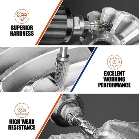 Images showing the use of a 10 Piece Tungsten Carbide Die Grinder Burr Set With One Quarter Inch Shank for metal grinding and cutting.