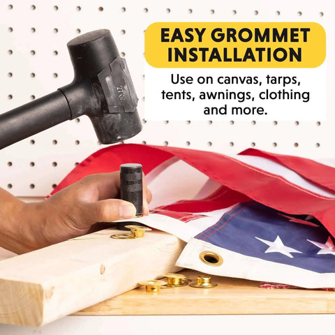 Half-Inch Grommet Tool Kit With 12 Solid Brass Grommets in use for fabric repair, showcasing easy installation on flag with mallet and tools