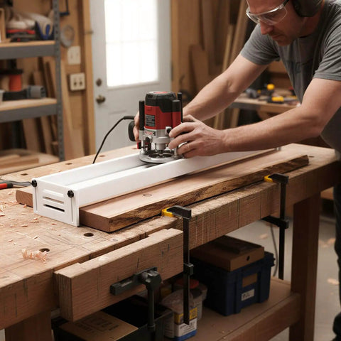 Router Sled For Flattening Slabs 48 Inch With HDPE Benchtop Slab Flattening Jig in use on a wooden slab by a man in a workshop.
