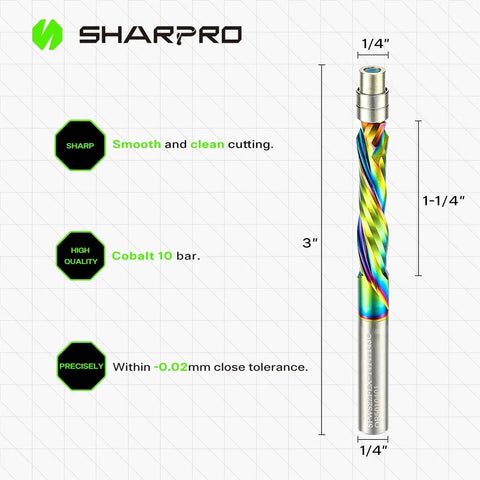 Pro Grade Compression Flush Trim Router Bit With One Quarter Inch Shank And Bottom Bearing Extra Long Coated Carbide Bit For CNC Pattern Woodworking Dual Bearing System For Stable Cuts One And One Quarter Inch Cutting Length Three Inch Overall Length shown with specifications and colorful design.