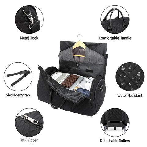 Rolling Garment Bag For Travel With Wheels Convertible Duffle Style Carry On, open displaying metal hook and comfortable handle.