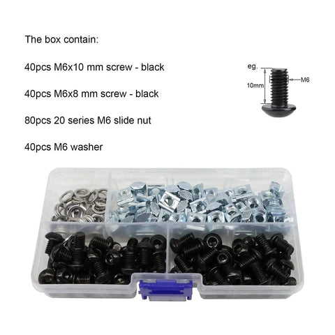 All In One Aluminum 2020 T Slot Hardware Set With M6x8 And M6x10 Screws M6 Nuts And Washers For 2020 2040 20 Series Extrusions