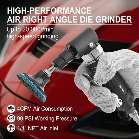 One Quarter Inch Angle Air Die Grinder With 90 Degree Head And 20000 RPM Beefy Heavy Duty Tool Kit in use on car surface