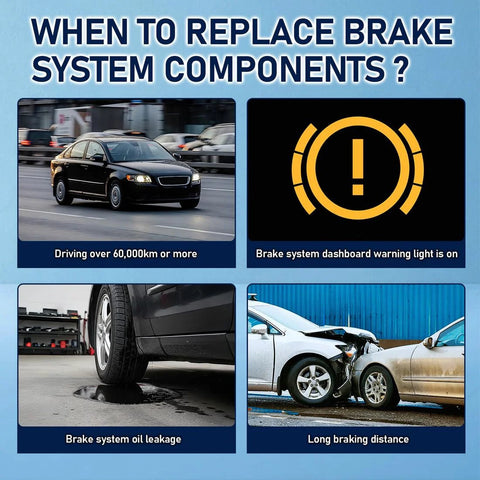 Infographic on signs to replace brake components: high mileage, warning light, oil leakage, and long braking distance.