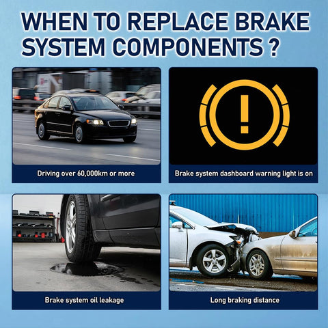 Four scenarios for replacing brake system components: driving over 60,000km, warning light, oil leakage, long braking.
