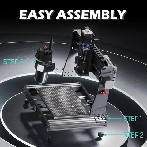 Assembly guide for 3020-PRO Ultra CNC Router Machine With All-Metal Frame And Upgraded 710W Spindle, shown in three steps.