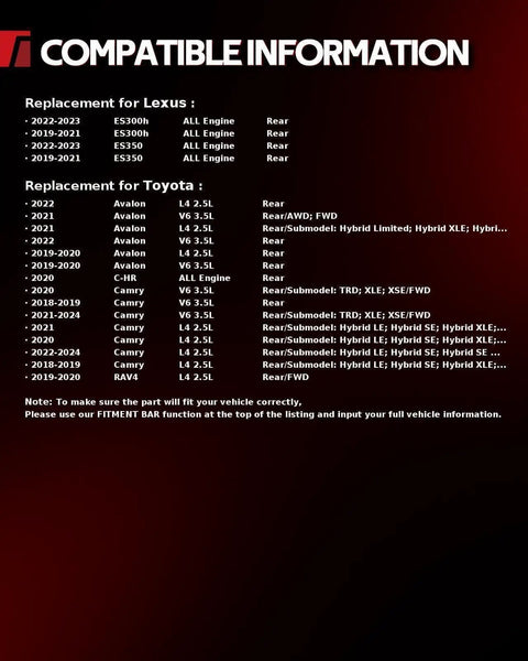Compatibility chart for Two Pack Rear Wheel Bearing and Hub Assembly 512644 for Lexus ES350 ES300h and Toyota models.