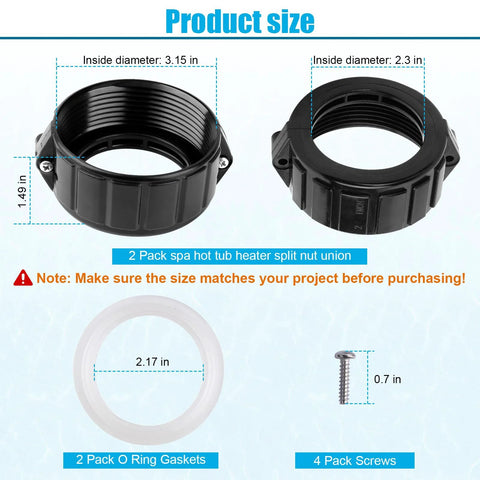 Two black 2-inch spa heater split-nut unions; includes two O-ring gaskets and four screws for 2-inch heater assemblies.