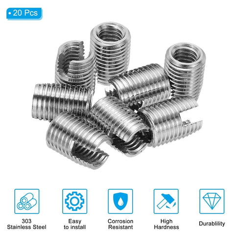 Front view: 20 pcs stainless steel self-tapping threaded inserts, M6×M9×12mm, 303 SS, slotted