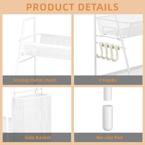2 Tier Bathroom Organizer Countertop with Metal Wire Mesh Basket Hooks Vanity Tray Shelf Kitchen Spice Rack White Finish details