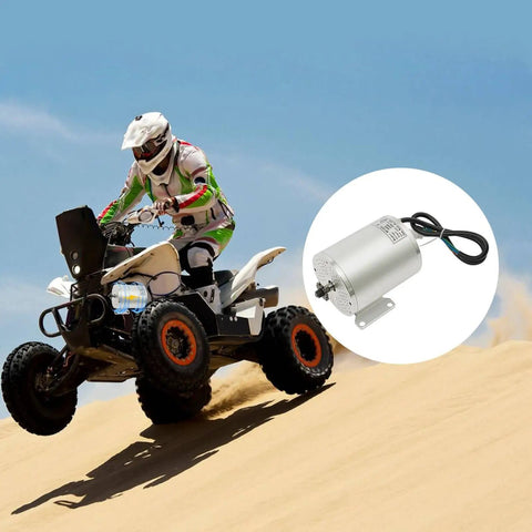 Off-road ATV jumping over sand dune with inset image of 48V 2000W Brushless DC Motor Kit With 4300 RPM 33A Mosfet Controller LCD Display Screen.