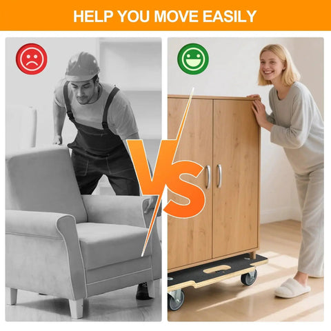 Comparison of moving heavy furniture manually vs using a Heavy Duty Moving Dolly With 551 Lb Capacity Per Unit with ease.