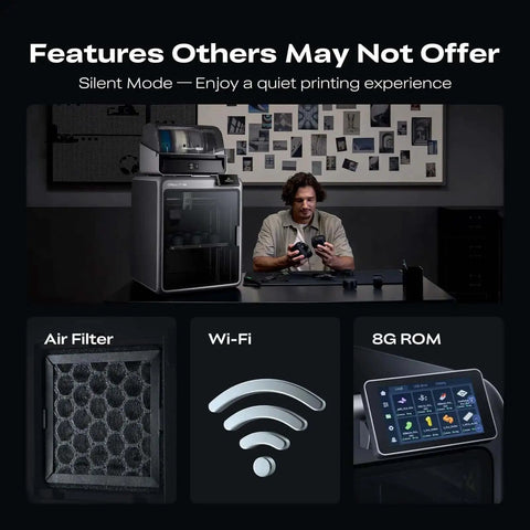 Features of Dope Multicolor 3D Printer K2 Combo A with AI camera, man using printer, air filter, Wi-Fi, 8G ROM display in dark room