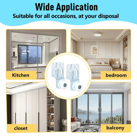 Closet Sliding Door Roller Kit For Top Hung Doors, Fits Three Quarter Inch To One And Three Eighths Inch Thick Panels, Includes Eight Screws, Made From Galvanized Steel For Corrosion Resistant Durability, Seven Eighths Inch Roller Diameter; suitable for kitchen, bedroom, closet, balcony.