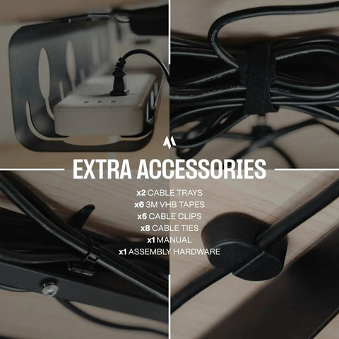 Under Desk Cable Management Tray 2 Pack with accessories including 3M VHB tapes, cable clips, ties, and assembly hardware for MacBook chargers.