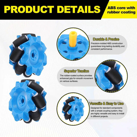 Blue Mecanum Wheels Set With Hex Pins And Screws, ABS core, rubber coating, details on durability, traction, and versatility.
