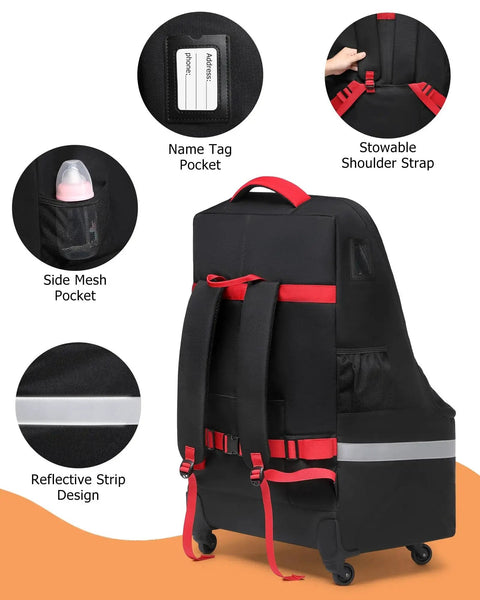 Rear view of the Travel Ready Car Seat Bag With Wheels For Air Travel, showcasing reflective strips, padded backpack straps, side pocket, black.