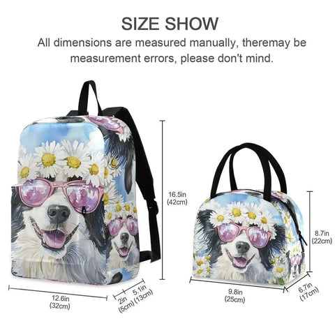 Border Collie Daisy Sunglass Backpack With Insulated Lunch Cooler Lightweight 15.6 Inch Laptop Daypack For Women And Men