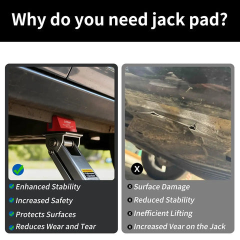 Universal Aluminum Grooved Magnetic Jack Pad With Nylon Pad Insert shown protecting car frame during lifting
