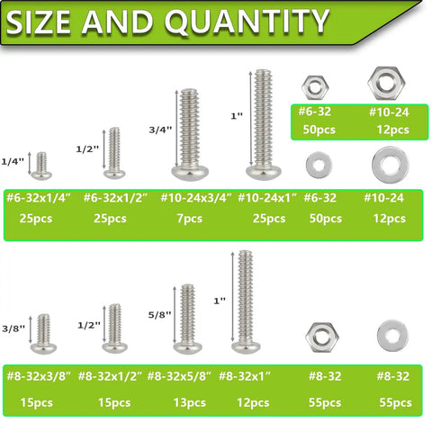 Chart showing size and quantity of 351 Piece Stainless Steel Machine Screws Nuts And Bolts Set With Case Phillips Pan Head Sizes Six Thirty Two Eight Thirty Two Ten Twenty Four 304 Stainless Includes Flat Washers Great For Home DIY Projects And Quick Repairs, including visual of various screw and nut sizes.