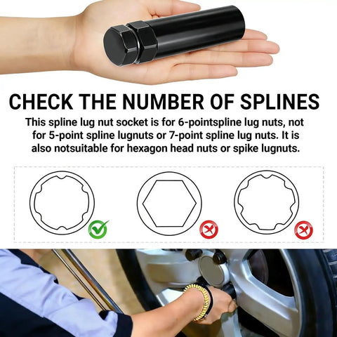 Go To Heavy Duty Large 6 Spline Lug Nut Socket For Wheel Lock Removal And Key Replacement shown holding in hand and in use on wheel