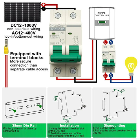20 Amp DC Solar Breaker Miniature Circuit Breaker Solar Disconnect Switch 1000V DC and 400V AC 2 Pole MCB installed diagram