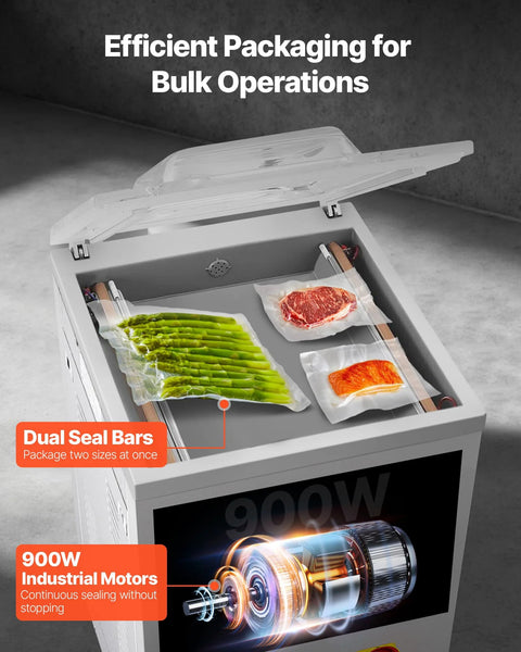VEVOR chamber vacuum sealer with dual seal bars; lid open, bags of asparagus, steak, and salmon inside.