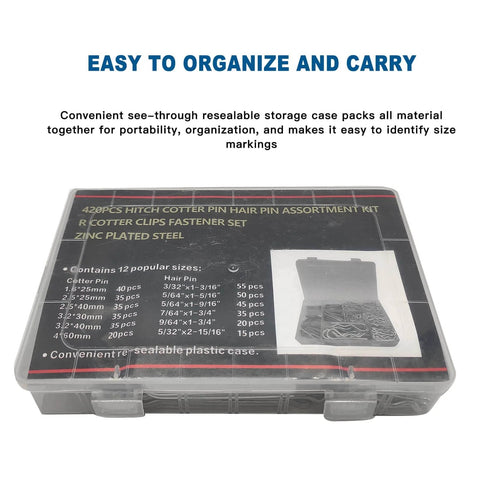 420 Piece Cotter Pin And Hairpin Pin Assortment Kit Zinc Plated R Clips And Spring Retaining Pins in see-through case