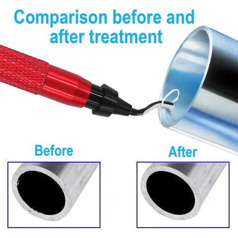 Premium Deburring Tool With 15 High Speed Steel Swivel Blades For Metal Resin PVC Pipes Plastic Aluminum Copper Wood And 3D Printing Burr Removal Red Coeweule Durable Handle Delivers Smooth Edges Fast Blade Swaps And Long Lasting Performance shown in use on metal piping with before and after results.