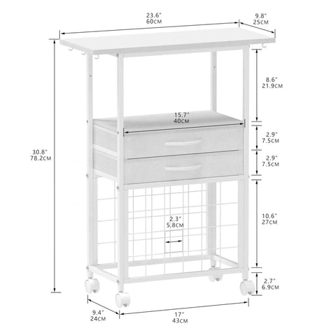 Ultimate Cricut Organizer And Rolling Storage Cart With 24 Vinyl Roll Holders Two Fabric Drawers Accessories Holder Tool Hook And Craft Room Stand For Easy Space Saving And Quick Access In White shown with measurements