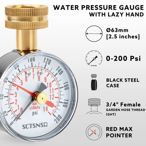 Water pressure test gauge by SCTSNSR, front view, 0–200 psi, 2.5 in dial, black steel case, 3/4 in GHT, red max pointer.
