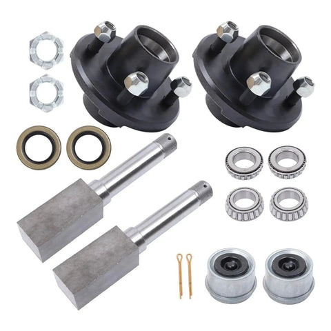 Two Sets 4 On 4 Inch Trailer Hub Kit With 1 Inch Square BT8 Spindle And Complete Trailer Bearing Kit Including Inner And Outer Bearings L44643 L44610 Grease Seal Dust Cap Lug Nuts Spindle Nut Washer And Cotter Pin For Heavy Duty Towing.