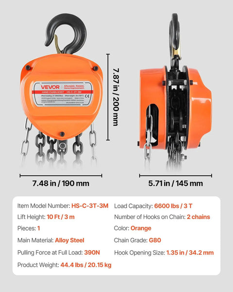 Front and side view of an orange 3 Ton Hand Chain Hoist With 6600 Lbs Capacity And 10 Ft Lift Height Heavy Duty