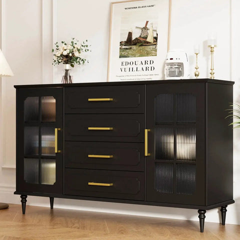 Wooden dresser with 30 Pack 5 Inch Gold Brushed Stainless Steel Cabinet Handles Square Bar Drawer Pulls For Kitchen And Bathroom Cupboards Modern Hardware Includes 25mm And 45mm Mounting Screws Center To Center 128mm Overall Length 140mm installed, featuring a black finish.