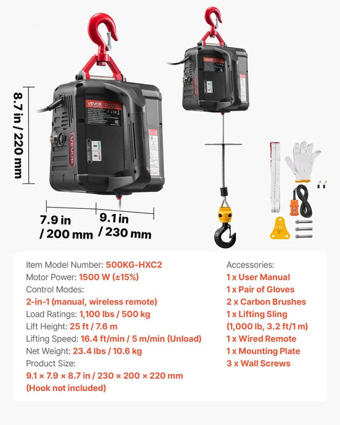 2 In 1 Electric Hoist Winch 1100 Lbs Capacity With 1500W Lift And 25 Ft Reach, shown with accessories and dimensions.