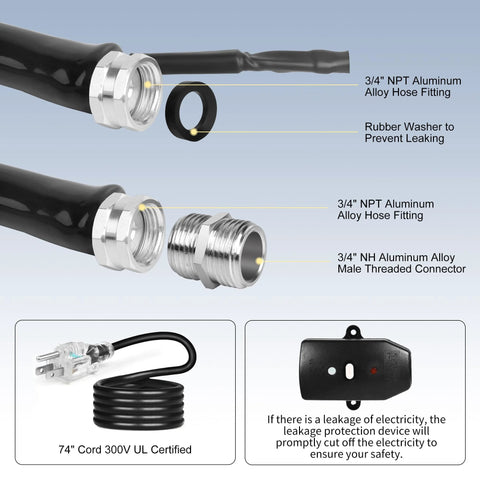 XPORTION heated RV water hose with 5/8in inner diameter, 3/4 NPT aluminum fittings, leakage protection; 74in UL cord.