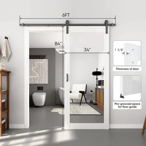 Mirror Barn Door 34x84 Inches With 6 Foot Sliding Door Hardware Kit Included, installed in modern home, white finish