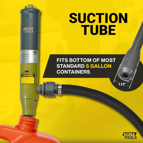 Portable Fuel Transfer Pump With Rubber Hose Battery Or USB C Powered Heavy Duty 4.3 Foot Hose Safety Nozzle Quick Transfer Of Gas Diesel DEF And Water For 3 To 20 Gallon Barrels Perfect For Home Garages And On The Go Jobs showing suction tube fitting a 5-gallon container