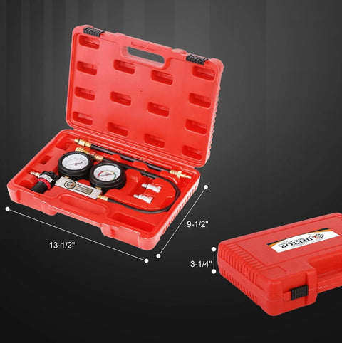 Cylinder Leak Down Tester Kit Pro Grade With Dual Pressure Gauges in red carrying case. Includes spark plug adapters.