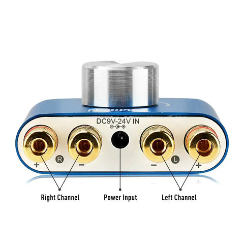 Rear view of F900S 160W Mini Bluetooth 5.0 Power Amplifier showing input connections and power input, blue casing.