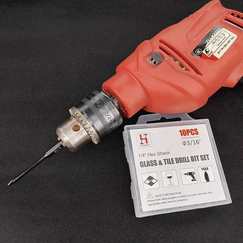 Pro Grade Three Sixteenth Inch Glass And Tile Drill Bit Set Ten Piece Tungsten Carbide Tipped Spear Cutter With One Quarter Inch Hex Shank in drill