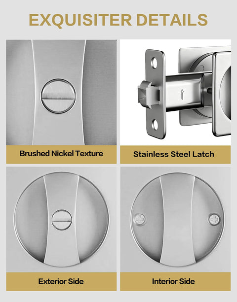 Brushed Nickel Pocket Door Lock And Latch, Contemporary Privacy Lock For Bathroom And Bedroom, Slick Pocket Door Hardware