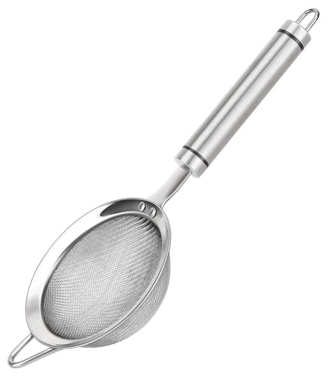 304 Stainless Steel Fine Mesh Strainer With Handle Skimmer shown from side angle, heavy-duty, scratch-free mirror finish, kitchen use
