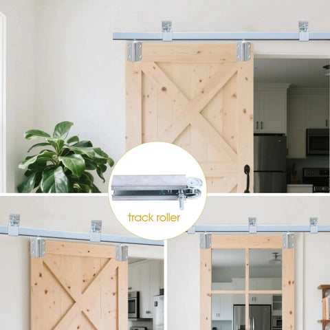 Heavy Duty Exterior Sliding Barn Door Roller Kit With Track Wheels For Doors From One And Three Quarters Inch To Two And One Quarter Inch, Solid Steel With Sealed Ball Bearings, 440 Lb Weight Capacity, Durable 2 Pack For Barn Gates And Shed Doors installed on wooden barn doors.