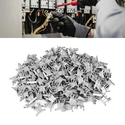 Universal 35mm Din Rail Terminal Marker Carrier Set Of 100 Pieces for Easy Wiring Labels in use, Tough PA66 markers visible.